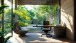 © Tun - A visual representation of work-life balance with a desk and outdoor relaxation space