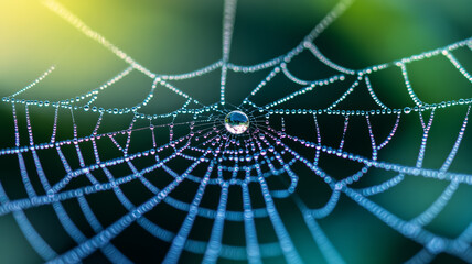 Macro shot of a spider web with morning dew droplets reflecting rainbow colors 