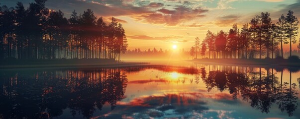 Wall Mural - Sunset with silhouettes of trees reflected in a lake, 4K hyperrealistic photo,