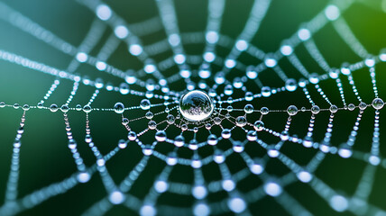 Magnified shot of morning dew on a spider web each droplet acting as a tiny lens 