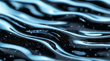 Sticker - Magnified view of swirling liquid waves in black ink with streaks of iridescent blue 