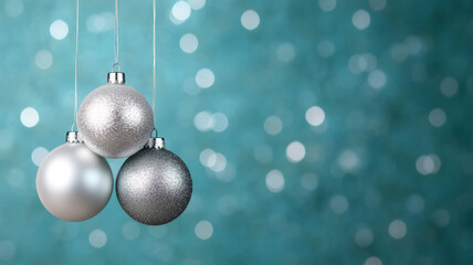 Canvas Print - Minimalistic white and silver Christmas balls hanging on a soft pastel bokeh background with gentle cool tones 