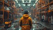 © TranNgoc - An ultra-realistic scene of a human operator standing on the warehouse floor, controlling drones that are scanning barcodes on high shelves. The drones are equipped with cameras and sensors,