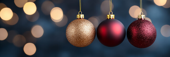 Poster - Rich burgundy and gold Christmas balls hanging on a sophisticated blurred background with elegant deep toned lighting 