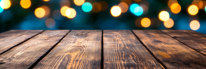 Poster - Rustic wooden table with a bright colorful bokeh background softly blurred for a festive feel 