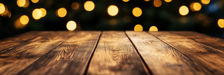 Poster - Rustic wooden table with a warm golden bokeh background softly blurred creating a cozy ambiance 