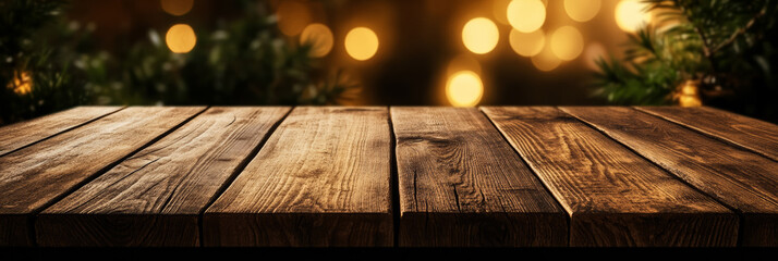 Poster - Rustic wooden table with a warm softly blurred bokeh background in golden tones ideal for cozy scenes 