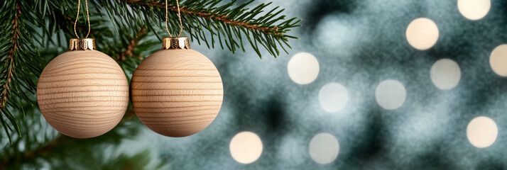 Canvas Print - Scandinavian style wooden Christmas balls hanging against a minimalist frosted bokeh background in cool tones 