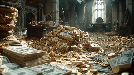 Poster - Pile of lot of paper money and gold treasure and gold antique utensils and gold pots lying in the centre of the huge hall. Generative AI.