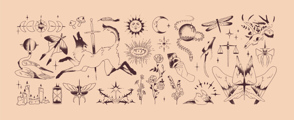 Mystic tattoos set. Hand drawn arts of celestial elements. Magic eye, occult moon and sun, astrology in sketch style. Stylized flowers, birds, skull, moths. Outline isolated vector illustrations