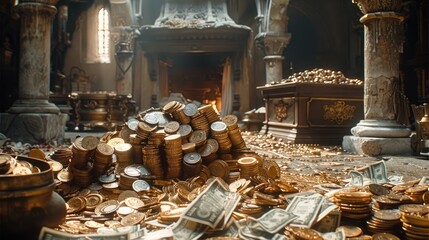 Poster - Pile of lot of paper money and gold treasure and gold antique utensils and gold pots lying in the centre of the huge hall. Generative AI.