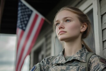 A soldier in uniform standing proudly outside her home, looking off into the distance.