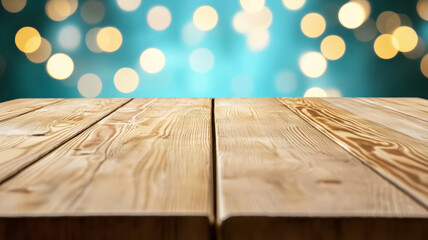 Wall Mural - Smooth light wooden table with a soft focus pastel bokeh background perfect for modern clean settings 