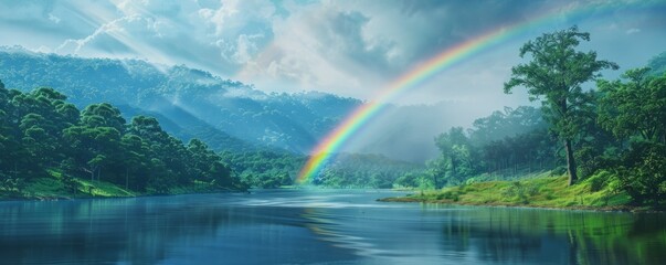 Wall Mural - Rainbow over tranquil river bend, 4K hyperrealistic photo