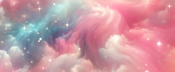 Wall Mural - Rainbow unicorn pastel background with glitter stars. Pink fantasy sky. Holographic space with bokeh. Fairy iridescent gradient backdrop. Vector	