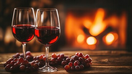 Glasses of Red Wine with Grapes and Fireplace in a Country Cottage. AI generated illustration