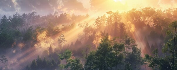 Wall Mural - Sunrise over a misty forest with rays of light, 4K hyperrealistic photo,