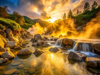 Wall Mural - Hot springs mineral rich waters flow gently down a rocky slope, warm mist rising into the cool morning air, illuminated by soft, golden light.