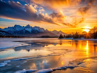 Wall Mural - A frozen lake or river with a warm sunset glow, and a sense of peace and tranquility, with the silhouette of a nearby mountain range looming in the distance.