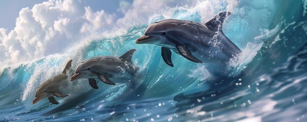 Playful dolphins surfing ocean waves, 4K hyperrealistic photo