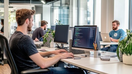 Developers Working on Computers in Modern Office Environment