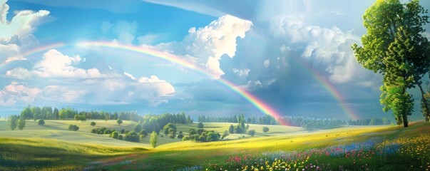 Wall Mural - Rainbow above flowering fields, 4K hyperrealistic photo