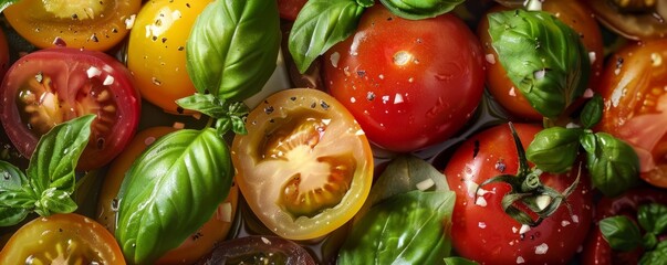 Wall Mural - Caprese salad with heirloom tomatoes and basil, 4K hyperrealistic photo