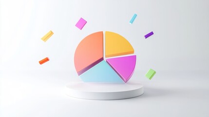 3D pie chart with vibrant segments floating in mid-air, set against a white minimalist background