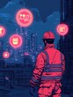 © Mind - A worker in a neon-lit industrial setting, contemplating digital icons representing various industries and technology.