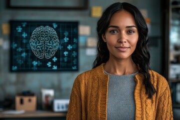 Wall Mural - Psychoneuroimmunology Reward system activation Portrait of a confident woman in a futuristic lab setting with a glowing brain on display symbolizing the advancement of science and human intellect