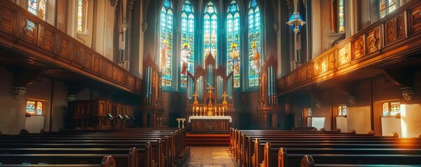 Traditional church ceremony with stained glass windows and organ music, 4K hyperrealistic photo