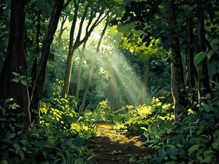 Sunbeams Through Lush Green Forest - A Digital Painting