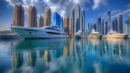 25. **Illustrate the Dubai Marina with its stunning skyscrapers and luxury yachts docked in the water.**