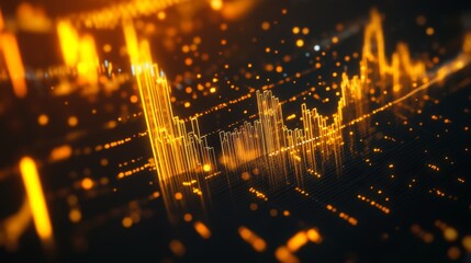 Wall Mural - A 3D gold price graph on a dark background, with bars and lines in gold, showing a steady increase in value, ideal for investment themes.