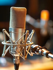 Close-up of a professional studio microphone in a recording setup during a music session in a vibrant sound studio