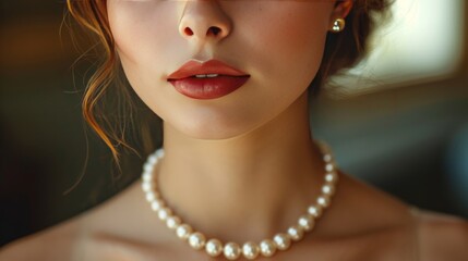 A portrait of a beautiful young woman with necklace with pearls.