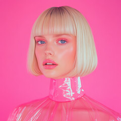 Poster - A beautiful blonde woman with blue eyes, wearing an oversized pink turtleneck and a transparent plastic jacket