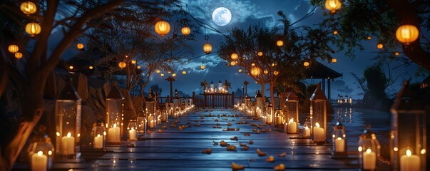 Romantic moonlit ceremony with candles and lanterns lighting the way, 4K hyperrealistic photo