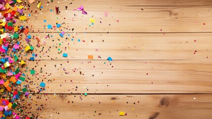 Wall Mural - a wooden surface with confetti scattered across it, capturing a festive and celebratory mood