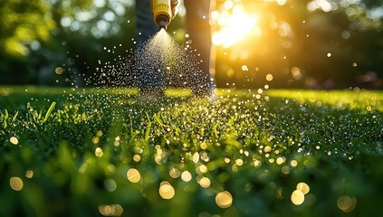 Wall Mural - The gardener is spraying the grass with an antifungal spray, which has glittering droplets of water on it and splashes out onto the green lawn