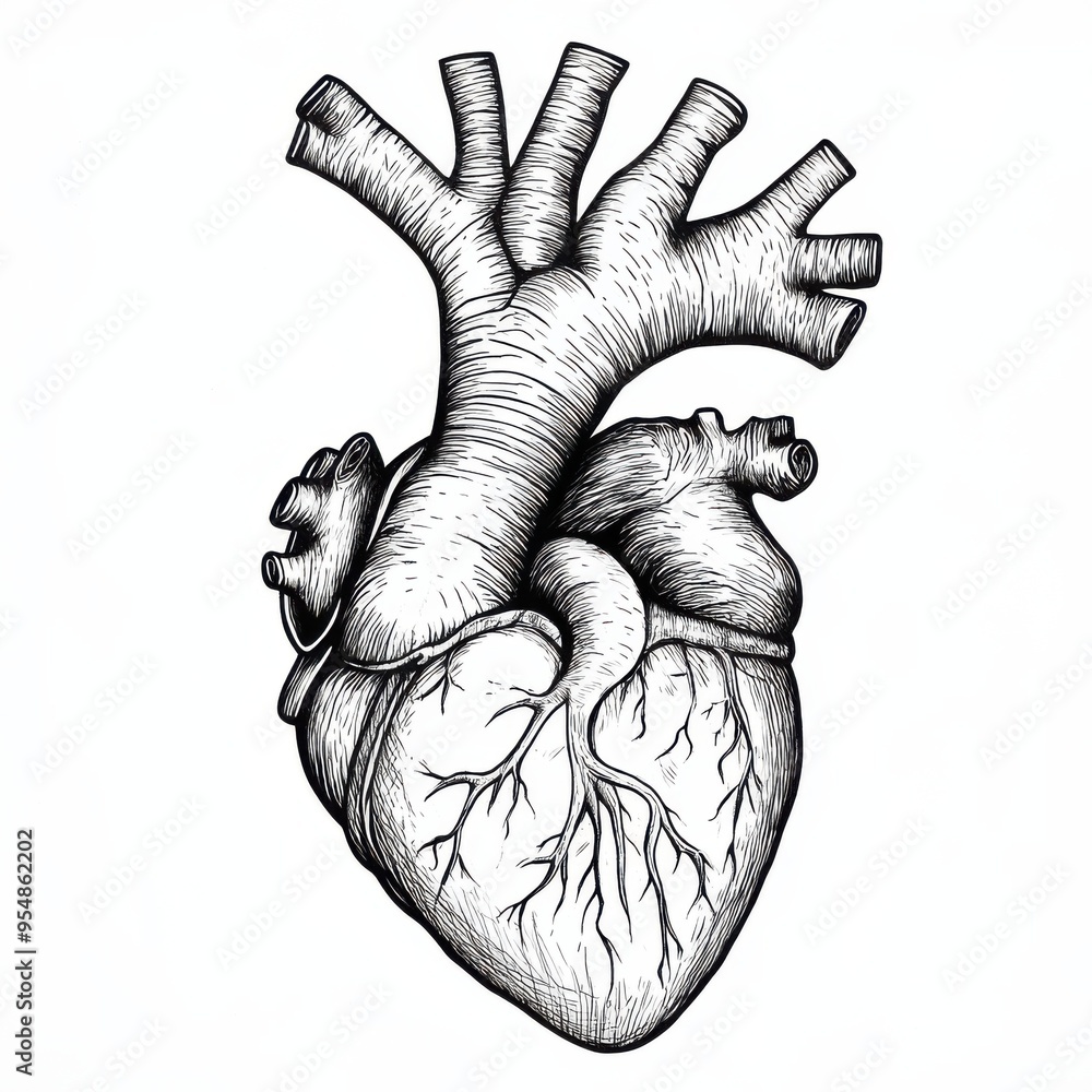 Detailed Black and White Outline of a Human Heart with Anatomical ...