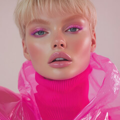 Poster - A beautiful blonde woman with blue eyes, wearing an oversized pink turtleneck and a transparent plastic jacket