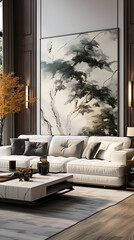 Wall Mural - Elegant contemporary living room with a plush white sofa, a minimalist marble coffee table, and a large abstract painting on the wall.