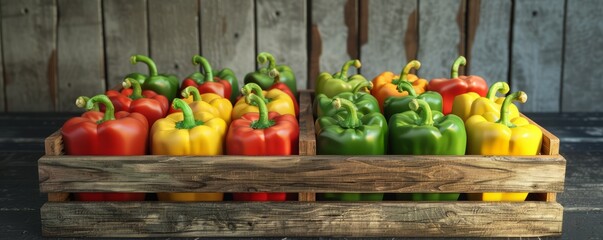 Colorful bell peppers in wooden crate, 4K hyperrealistic photo