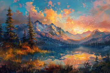 A vibrant, impressionistic painting of a stunning mountain landscape at sunset, Ideal for use in nature-themed art collections, home dÃ©cor, or promotional materials emphasizing tranquility and beauty