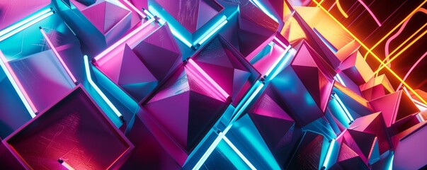 Wall Mural - Neon vibrant geometric shapes with glowing patterns, 4K hyperrealistic photo