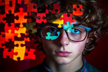 Canvas Print - Pair bonding Neural circuitry of love Portrait of a young man with puzzle pieces falling around him symbolizing the challenge of forming a cohesive identity in a complex world