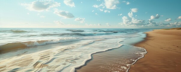 Peaceful beach with golden sand and calm waves, 4K hyperrealistic photo,