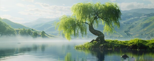 Wispy willow tree by a calm lake, 4K hyperrealistic photo