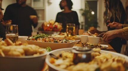 A modern Thanksgiving celebration in an urban apartment, with friends gathered around a table set with a mix of contemporary and traditional decor, enjoying a variety of global dishes